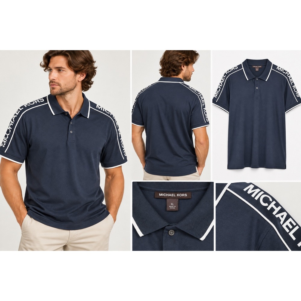Michael Kors Men's XL Polo Shirt Navy Blue Logo Tape Sleeve Short Sleeve